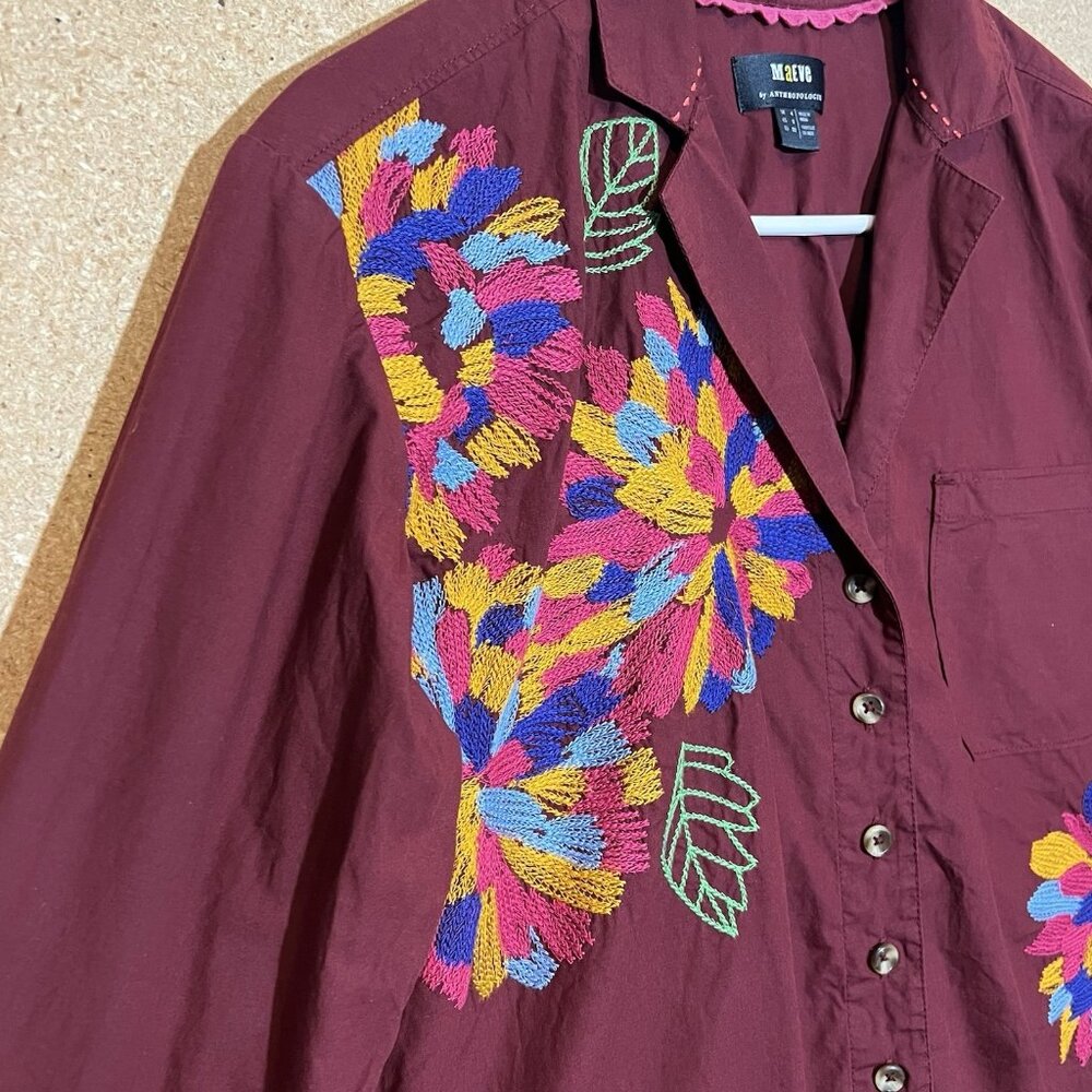 Anthropologie Maeve Embroidered Button Down Size 0 Cotton Floral Boho Purple - Picture 13 of 15